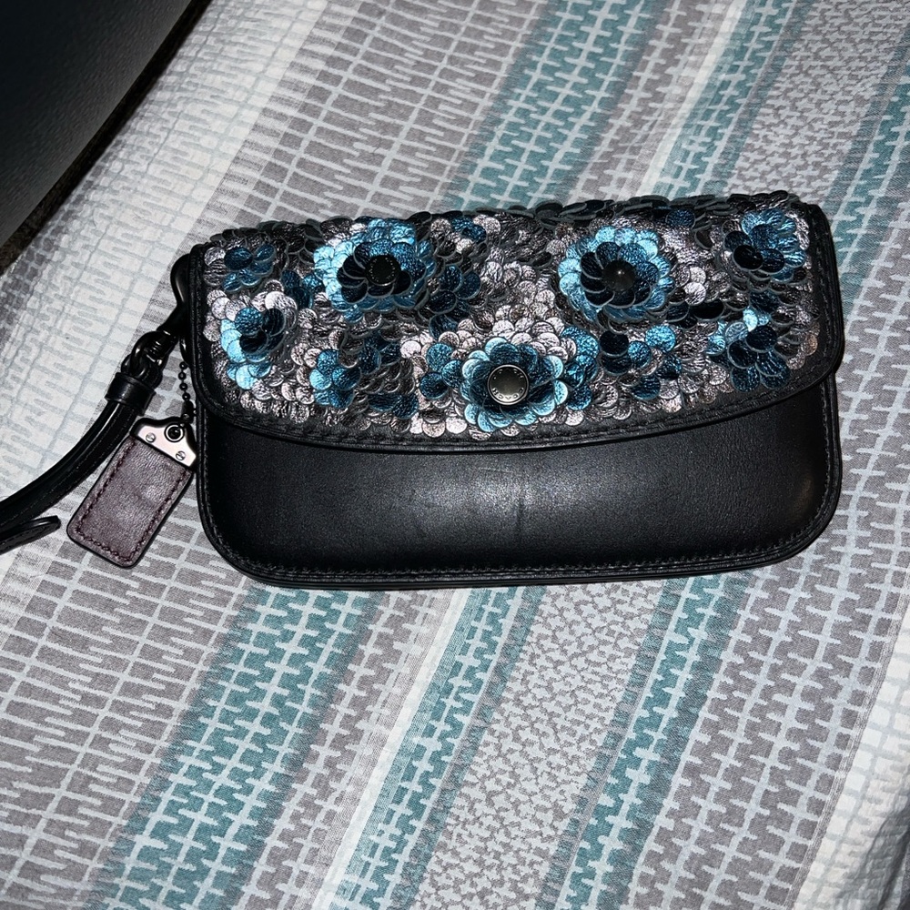 Coach clutch with leather sequins